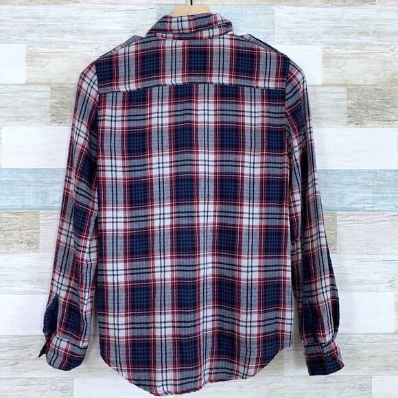 MNG Mango Flannel Plaid Utility Shirt Red Blue White Snap Button Down Womens XS - Picture 4 of 7